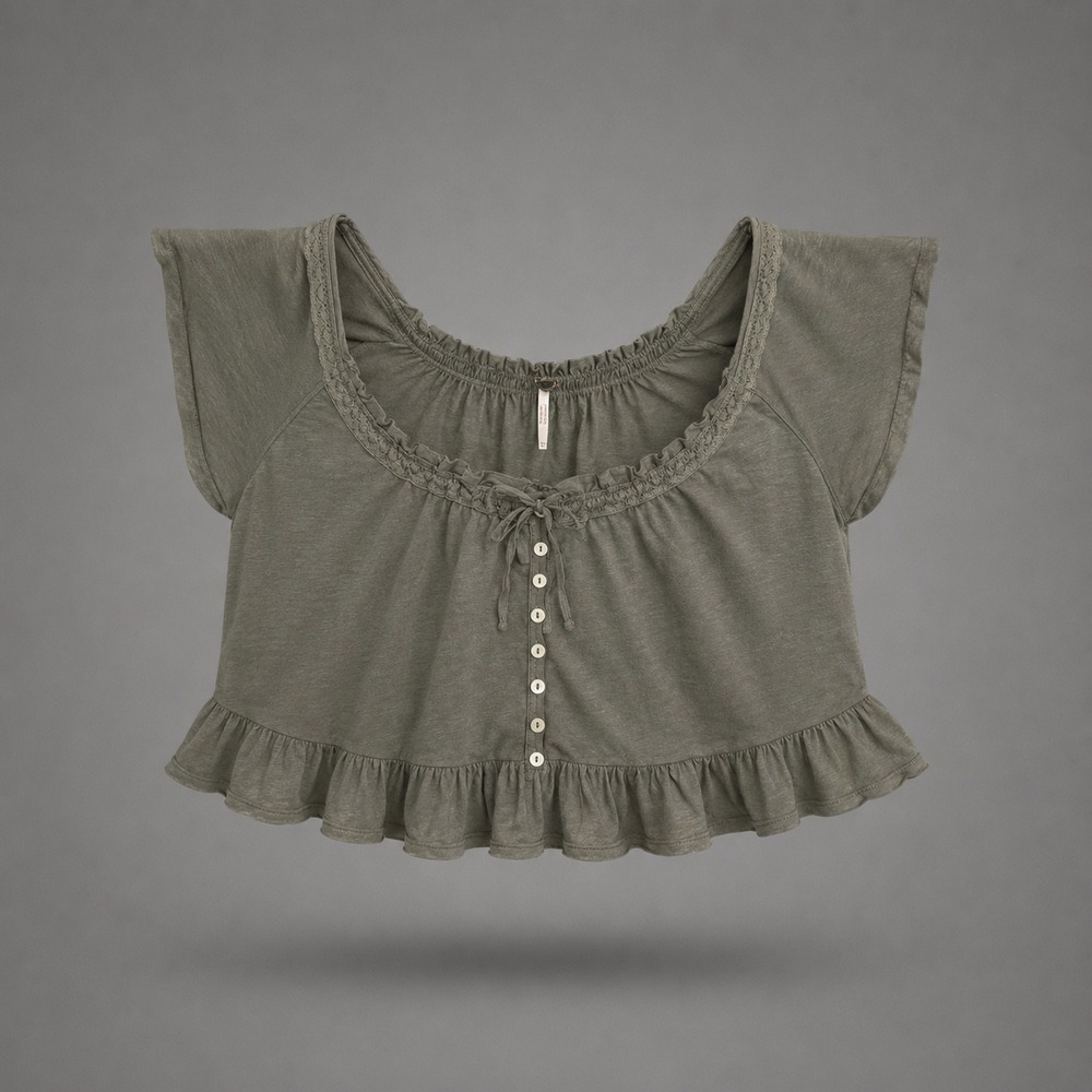 Free People Army Sage Green Linen Blend Ruffle Crop Top OB938147  M